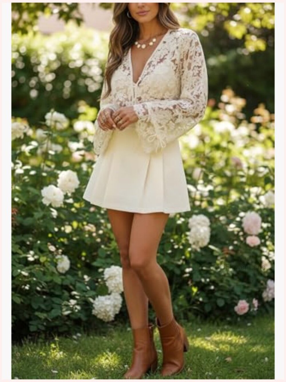 Women's Sheer Lace Bell Sleeve Button Down Blouse Boho Floral Embroidery Mesh - Picture 5 of 7